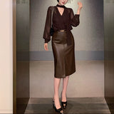シフォンブラウス&フェイクレザースカート01506