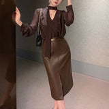 シフォンブラウス&フェイクレザースカート01506
