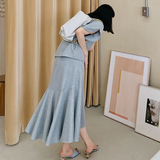 Vネックトップス&フィッシュテールスカートツーピースセット00789