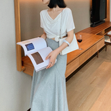 Vネックトップス&フィッシュテールスカートツーピースセット00789