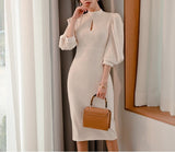 パフスリーブキーネックタイトワンピース01582