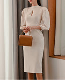 パフスリーブキーネックタイトワンピース01582