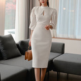 パフスリーブキーネックタイトワンピース01582