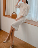 パフスリーブキーネックタイトワンピース01582